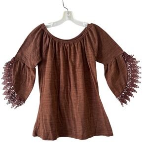 Lildy Brown Open Sleeve Lace Blouse Size S-M Boho Slub Knit Bell Sleeve Top